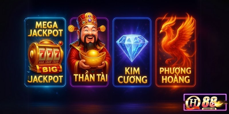 Giao diện các game nổ hũ hot tại QH88 với hiệu ứng jackpot rực rỡ